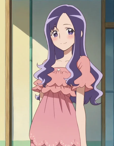score_9, score_8_up, score_7_up, anime screencap, solo,1girl, long hair, purple hair,purple eyes, dress, looking at viewer, cowboy shot, smile ,blush<lora:kurumimomoka:0.8>