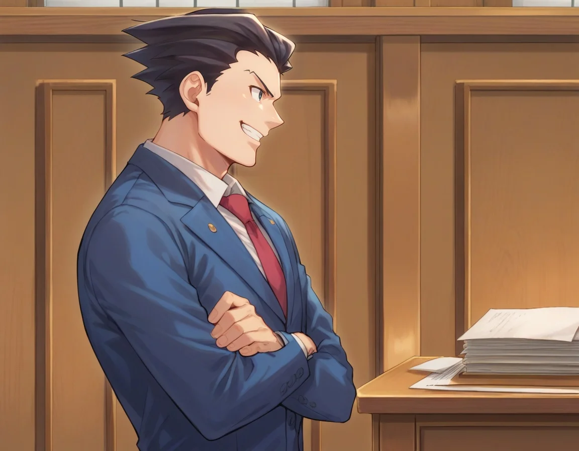 sscore_9, score_8_up, score_7_up, source_anime, phoenix wright, 1boy, male focus, solo, looking at another, from side, blue jacket, blue pants, white shirt, collared shirt, red necktie, cowboy shot, table, crossed arms, paper, binder, indoors, courtroom, grin, <lora:Phoenix_Wright__Ace_Attorney:1.0>