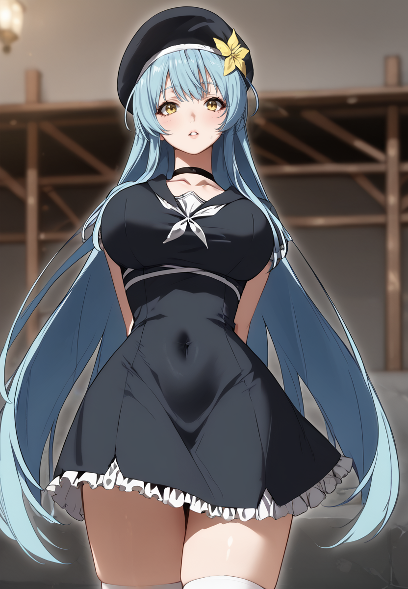 zPDXL3, score_9_up, score_8_up, score_7_up, (Anime_source),Masterpiece,(perfect female body:1.2), small waist,(incredibly detailed:1.4), slim, beautiful fingers, beautiful white skin, Beautiful clear skin, (large breasts:1.4)  (thick thighs:1.3), parted lips, looking at viewer, from side, from above, big breasts, ass, perfect ass,  <lora:Marie_Dunarev_-_I_Killed_the_Player_of_the_Academy-Kaleid-PONY:1> mariedunarev, 1girl, blue hair, yellow eyes, bangs, braid, very long hair, large breast, choker, wide hips, hair flower, beret, frilled dress, sailor dress, white thighhighs, sailor colar, covered navel, arms behind back,