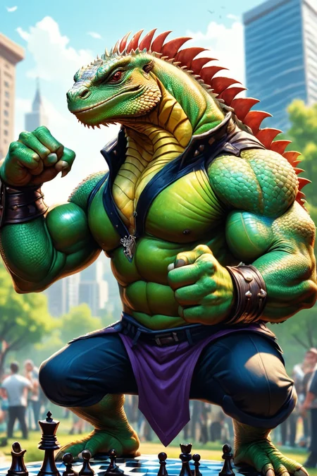 Detailed digital illustration of an anthro Iguana (Flexing muscles, displaying strength) at a Holographic chess players in urban park, <lora:xl_more_art-full_v1:0.5>, <lora:anthro_muscular:0.7> , <lora:madpunk:0.4> madpunk