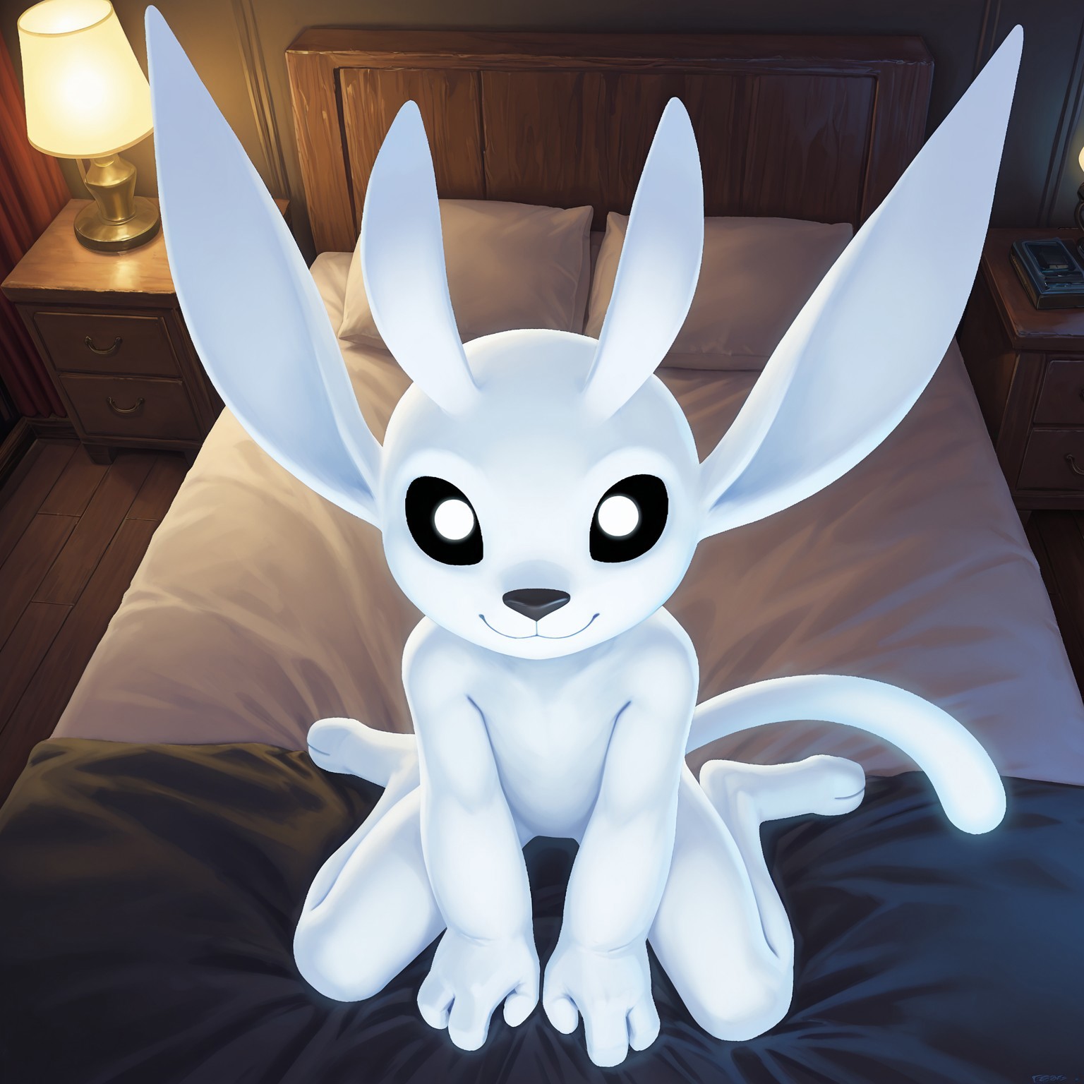 2d, Solo, 1boy, Ori, creature, bipedal, digitigrade, black nose, white body, black sclera, white eyes, large ears, tail, white antennae, white hooves, glowing body, smiling

BREAK sitting on bed, indoors, bedroom, lights off, dark room, from above, looking at viewer, happy, hands in front,

BREAK best quality, amazing quality, very aesthetic, absurdres, newest, masterpiece  