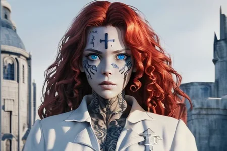 bright red hair, human female, (feminine:1.7), (beautiful face, detailed face:1.6), (beautiful eyes, detailed eyes:1.7), (looking at viewer, eye contact, intense:1.6), (long hair, red hair, curly hair:1.3), , ((masterpiece, best quality, high resolution, realistic, best quality,)), photo realistic, Perfect Face, (detailed face). <lora:GoodHands-vanilla:0.6> <lora:add-detail-xl:0.8>, mage, (Dress White military uniform coat), dagger, rune dagger, glowing runes, , (((glowing magic symbols tattoos, religious tattoos))), ((face tattoos)), glowing tattoos, stone tower in the background