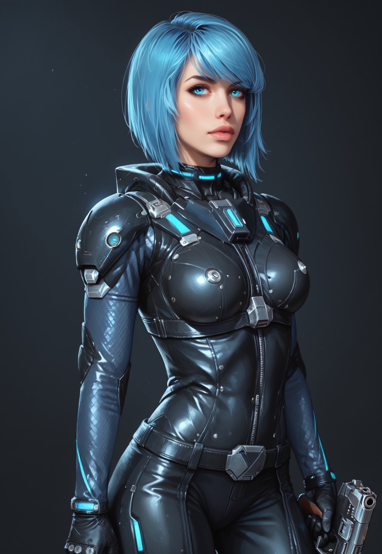 safe_pos, core_9, score_8_up, score_8, semi realistic, ultra detailed, 8k, high quality, hi res, high quality, detailed eyes, perfecteyes, detailed face, 1girl, (1girl:1.2), Nyx from Quake Champions, futuristic assassin outfit, (((pistol in hand))), pale skin, ((glowing bobcut blue hair, side bangs)), realistic, cinematic angle, cinematic lighting, athletic body, intense face, glowing blue eyes, stealthy pose
BREAK
infiltrating a high-tech corporate facility at night
BREAK
source_sci_fi_art, rating_explicit, expressive, half body, ((front view, dynamic pose))
BREAK
detailed beautiful background, futuristic architecture, neon lights, advanced security systems, holographic displays, dark shadows, tense atmosphere
(((full clothed)))