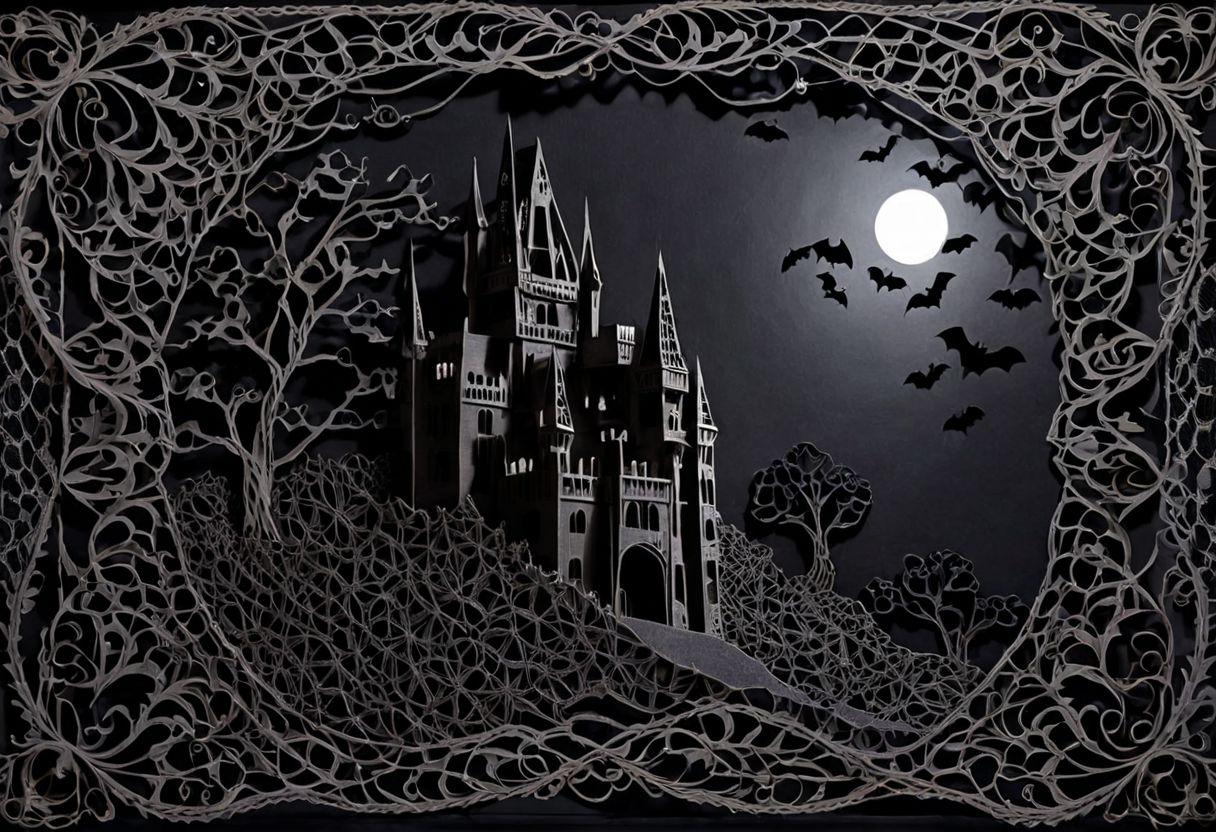 3d papercut shadow box of This Simple Monster Movie Motif Lace is a breathtakingly magnificent sheer textile that possesses an unparalleled power to sensually captivate and mesmerize individuals As its intricate woven threads gracefully sway and twist they resemble ethereal ghostly apparitions that conjure an unmistakable sense of bone chilling horror and foreboding One can almost feel as though the lace is whispering tantalizingly sinister secrets  of werewolves, bats and other creatures of the night that beckon individuals to embark on a journey into the deepest darkness where dark romantic delights await beyond the comprehension of mere mortals Imbued within this textile masterpiece is the essence of a werewolf s haunting howl the ominous silhouette of a decrepit mysterious castle enveloped in moonlit shadows and the frenzied flight of nocturnal bats their elegant wings flapping against the backdrop of an enchanting and macabre landscape the motif on the lace is a spellbindingly repeatable pattern not only tantalizes the senses but also ensnares and captivates all who dare to behold its haunting beauty