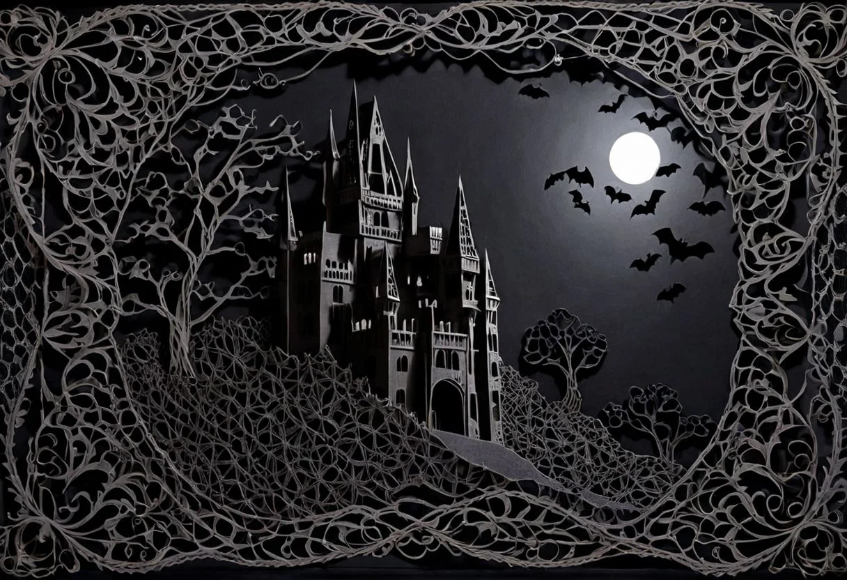 3d papercut shadow box of This Simple Monster Movie Motif Lace is a breathtakingly magnificent sheer textile that possesses an unparalleled power to sensually captivate and mesmerize individuals As its intricate woven threads gracefully sway and twist they resemble ethereal ghostly apparitions that conjure an unmistakable sense of bone chilling horror and foreboding One can almost feel as though the lace is whispering tantalizingly sinister secrets  of werewolves, bats and other creatures of the night that beckon individuals to embark on a journey into the deepest darkness where dark romantic delights await beyond the comprehension of mere mortals Imbued within this textile masterpiece is the essence of a werewolf s haunting howl the ominous silhouette of a decrepit mysterious castle enveloped in moonlit shadows and the frenzied flight of nocturnal bats their elegant wings flapping against the backdrop of an enchanting and macabre landscape the motif on the lace is a spellbindingly repeatable pattern not only tantalizes the senses but also ensnares and captivates all who dare to behold its haunting beauty