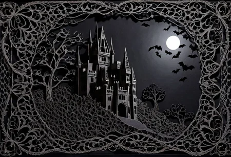3d papercut shadow box of This Simple Monster Movie Motif Lace is a breathtakingly magnificent sheer textile that possesses an unparalleled power to sensually captivate and mesmerize individuals As its intricate woven threads gracefully sway and twist they resemble ethereal ghostly apparitions that conjure an unmistakable sense of bone chilling horror and foreboding One can almost feel as though the lace is whispering tantalizingly sinister secrets  of werewolves, bats and other creatures of the night that beckon individuals to embark on a journey into the deepest darkness where dark romantic delights await beyond the comprehension of mere mortals Imbued within this textile masterpiece is the essence of a werewolf s haunting howl the ominous silhouette of a decrepit mysterious castle enveloped in moonlit shadows and the frenzied flight of nocturnal bats their elegant wings flapping against the backdrop of an enchanting and macabre landscape the motif on the lace is a spellbindingly repeatable pattern not only tantalizes the senses but also ensnares and captivates all who dare to behold its haunting beauty