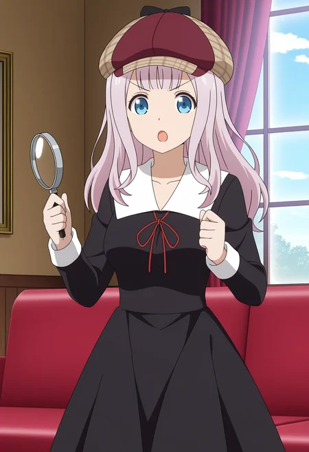 <lora:Chika FUJIWARA_illustrious-000012:1>,
Chika FUJIWARA, solo, school uniform, hat, black bow, dress, red ribbon, bow, indoors, black dress, holding, magnifying glass, window, ribbon, breasts, curtains, long sleeves, open mouth, collarbone, couch, neck ribbon, cabbie hat, red headwear, detective, striped headwear, :o, collared dress, v-shaped eyebrows, anime screencap