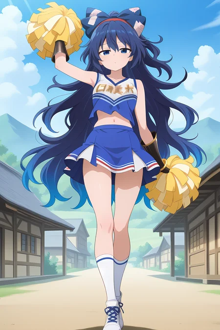 absurdres, highres, masterpiece, best quality, amazing quality, official anime artwork, screencap, anime screencap, outdoors, looking at viewer, dynamic pose, village, 
<lora:Shion-Yorigami-Illustrious:1> yorigami shion, 1girl, solo, blue eyes, blue hair, long hair,, yorigami shion \(bill paid for with cheer\), alternate costume, blue shirt, blue skirt, cross-laced footwear, big gauntlets, armored gloves, hair bow, blue bow, red hairband, navel, cheerleader, socks, two-tone shirt, white shirt, white socks,