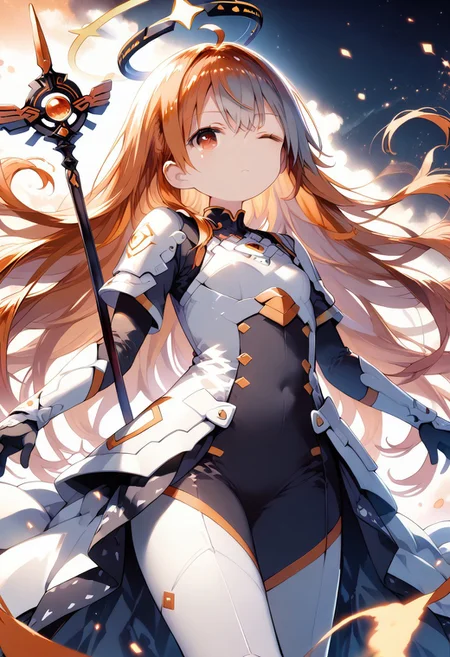 score_9, score_8_up, score_7_up, 1girl,FujisakaLP,high definition eyes, (masterpiece), (best quality), (ultra detailed),(disheveled hair),(illustration), (best shadow), detail1eye, warm lighting, bright colors, solo, very long hair, grey hair, orange hair, orange inner hair, red eyes, colored inner hair, two-tone hair, ahoge, absurdly long hair, orange colored inner hair, multicolored hair, halo, , , body suit, flowing hair, wind, one eye closed, staff, dress, armor, headgear, floating, <lora:sigmav2:0.7>