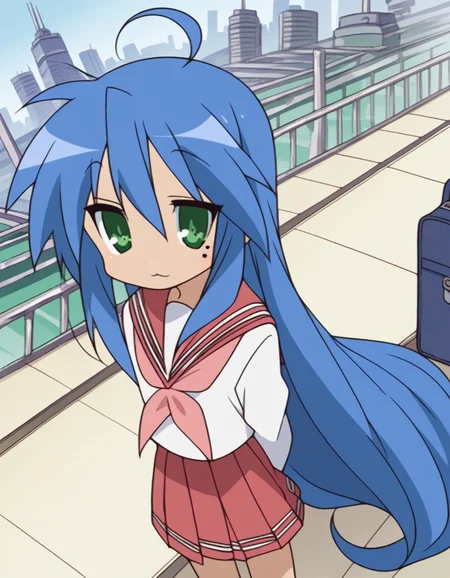 score_9, score_8_up, score_7_up, source_anime, <lora:konata-izumi-s1-ponyxl-lora-nochekaiser:1>, konata izumi, long hair, very long hair, green eyes, blue hair, ahoge, mole, mole under eye,, skirt, long sleeves, school uniform, pleated skirt, serafuku, sailor collar, neckerchief, red skirt, ryouou school uniform,, train station, waiting for train, suitcase, traveling, commute, city skyline, hands behind back,, , from above,, looking at viewer, solo,, dutch angle, cowboy shot