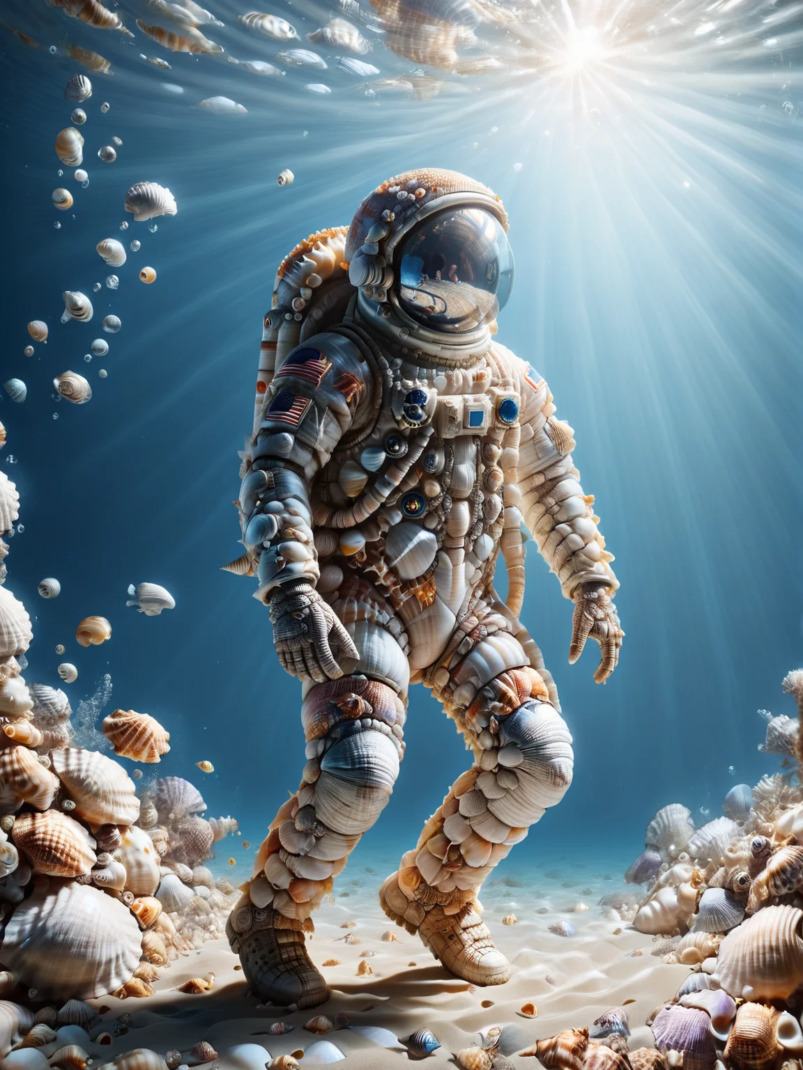 (mad-seashell astronaut:1.4), floating under water, fish, caustics, light rays, light reflection \(water\), dynamic pose, <lora:Sea_Shells_SDXL:1.3>, (masterpiece:1.2), best quality, (hyperdetailed, highest detailed:1.2), high resolution textures