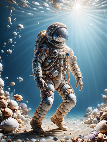 (mad-seashell astronaut:1.4), floating under water, fish, caustics, light rays, light reflection \(water\), dynamic pose, <lora:Sea_Shells_SDXL:1.3>, (masterpiece:1.2), best quality, (hyperdetailed, highest detailed:1.2), high resolution textures