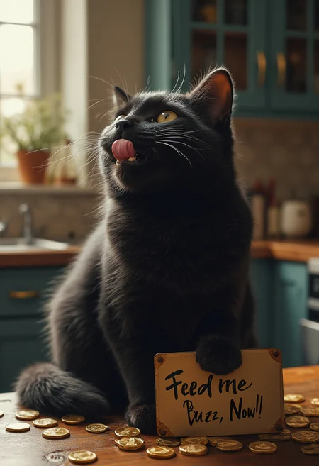black flux cat sitting on a kitchen table licking its chops with shiny gold coins lying around that have a lightning symbol, a paw lays on top of a sign next to the cat which says "Feed me Buzz, Now!"