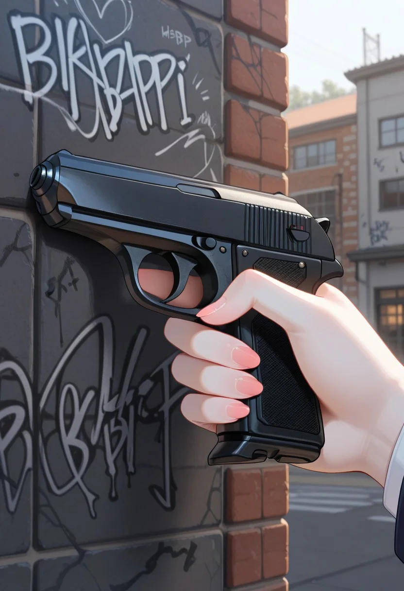 masterpiece, best quality, absurdres, JBPis, object focus, hand focus, holding gun, outdoors, brick wall, graffiti,