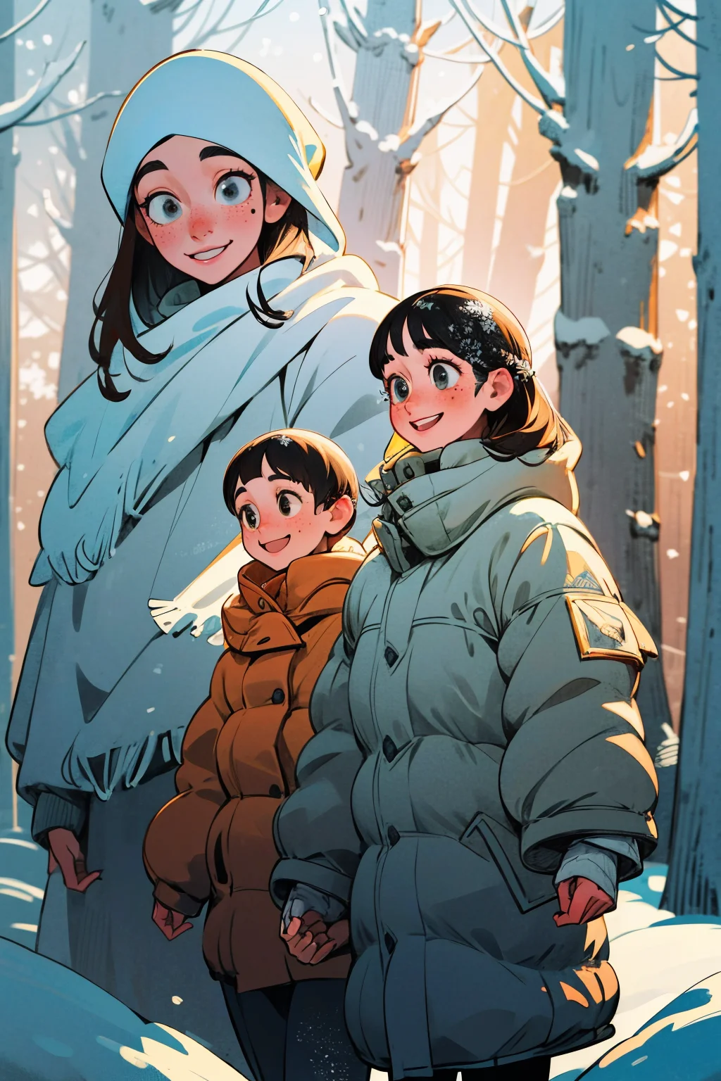 friends on a walk through a snowy forest. winter sun, snowflakes. smiling happy faces. kkw-skin-det-all_checkpoint_skin_detail_-_skin_detail_v1.0 , overalldetail-detail_++_-_overall_detail . detailed faces, (realistic:1.2), (masterpiece:1.2)