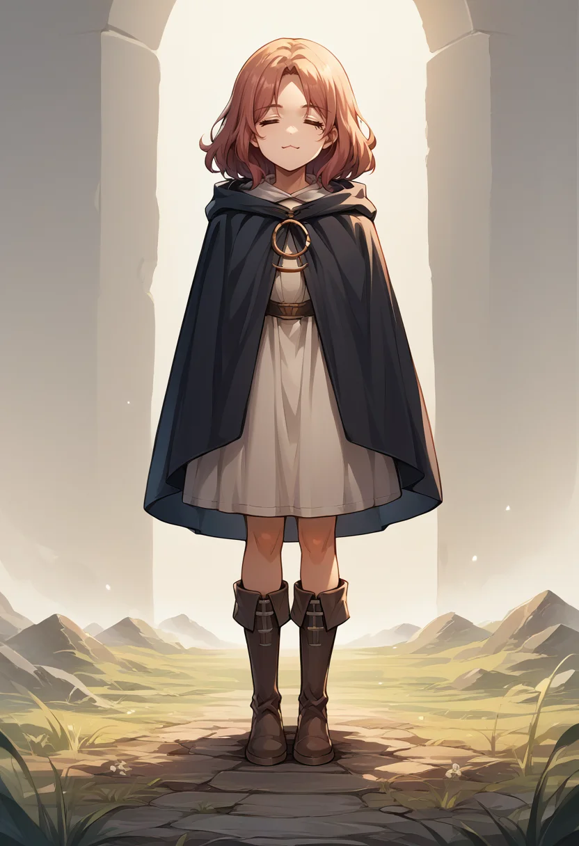 score_9, score_8_up, source_anime, 1girl, solo, =w=, :3, = =, eyes closed, IncrsMelina, cloak, hooded cloak, boots, hood up, <lora:ChamElfExpressionPonyXL:1>, <lora:Melina_XLPD:0.8>