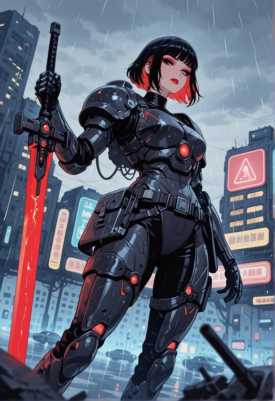 masterpiece, best quality, good quality, very aesthetic, absurdres, newest, 8K, depth of field, focused subject, A sleek cybernetic woman in black armour with glowing red highlights, fighting stance, bangs, dark eyeshadow, red lips, standing atop a futuristic city skyline with neon lights reflecting on her armour, holding a plasma sword, rain softly falling in the background, dynamic angle,
,in the style of cksc,
<lora:ck-shadow-circuit-IL:1>