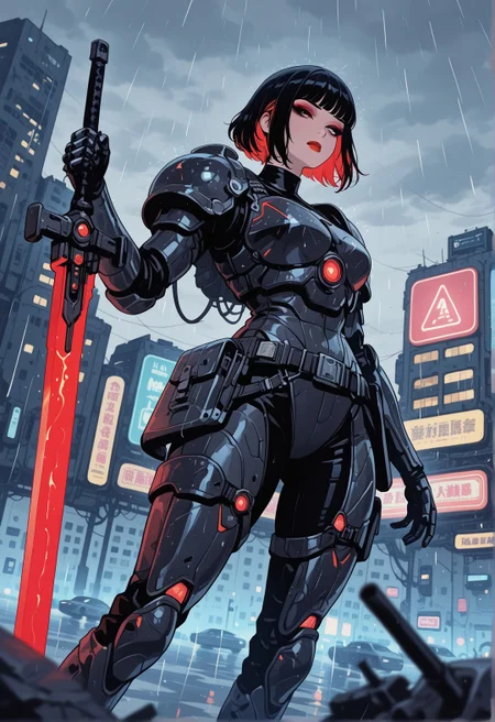 masterpiece, best quality, good quality, very aesthetic, absurdres, newest, 8K, depth of field, focused subject, A sleek cybernetic woman in black armour with glowing red highlights, fighting stance, bangs, dark eyeshadow, red lips, standing atop a futuristic city skyline with neon lights reflecting on her armour, holding a plasma sword, rain softly falling in the background, dynamic angle,
,in the style of cksc,
<lora:ck-shadow-circuit-IL:1>