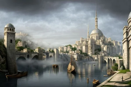 (masterpiece:1.2), (best quality,:1.2), 8k, HDR, ultra detailed, ((photorealistic)), professional light, cinematic lighting, fashion photography, ambient lighting, atmospheric effects, Numenor, a medieval fantasy harbour, some big ships, big statues, towers, walls, fog and rain, at night, <lora:Numenor-10:1>, in the style of Middle Earth, Tolkien, Minas Tirith, epiCPhoto