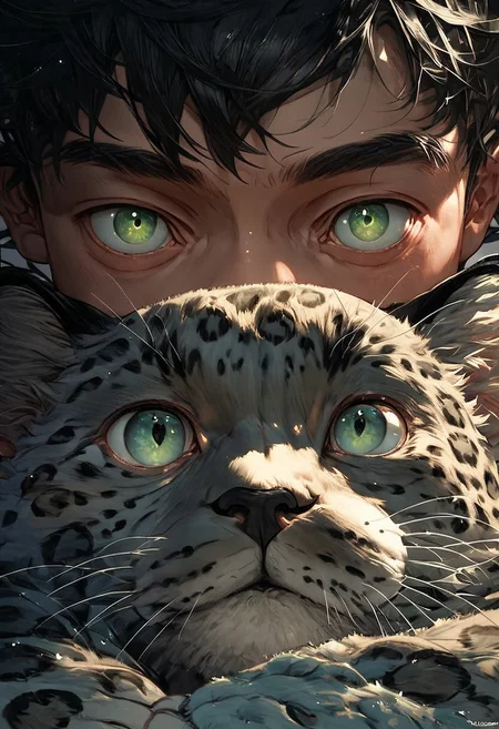 score_9, score_8_up, score_7_up, score_6_up, score_5_up, score_4_up, boy and a baby leopard, (black star:1.2), boy has black hair and green eyes, small eyes, galaxy, black background