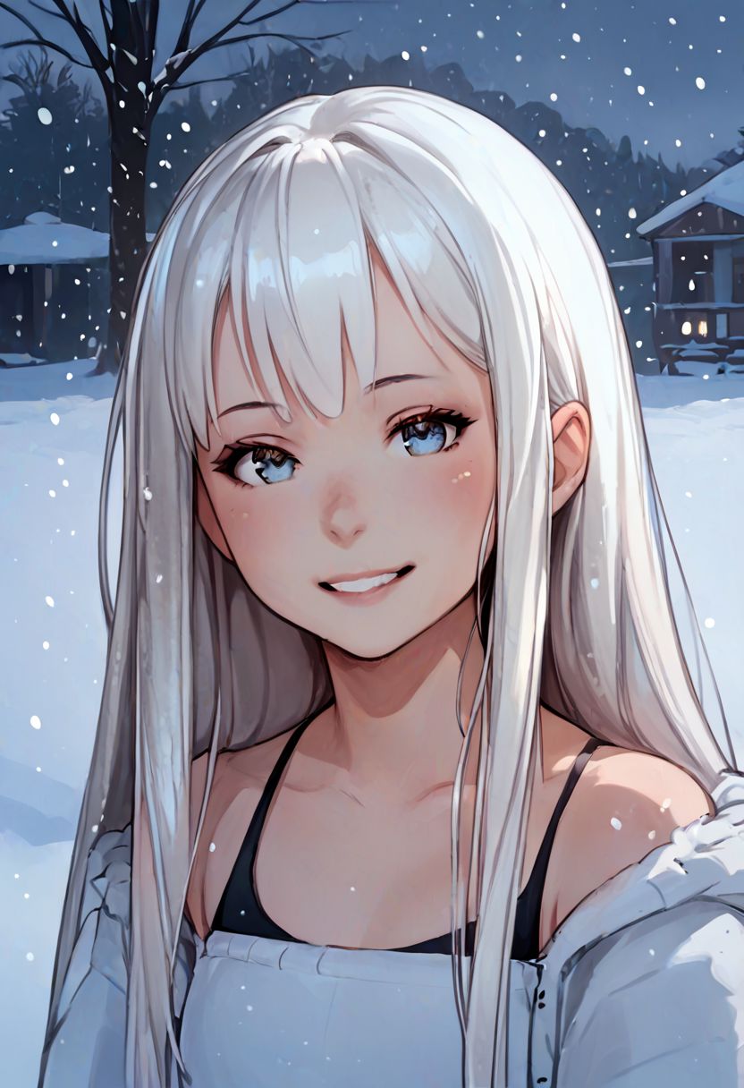 score_9, score_8_up, score_7_up, zPDXL, jeffmacanolistyle, 1girl, long hair, white hair, bangs, rede eyes, smiling, snowing, looking at viewer, colored sketch
 <lora:JeffMacanoli_Style_PDXL:0.90>