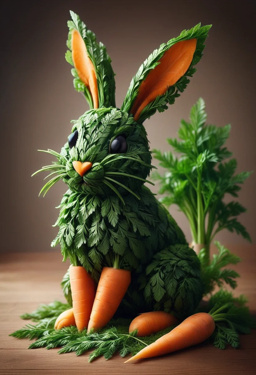 reality-shot, realism, realistic photography of a very detailed Rabbit made of carrot, made of carrot leafs, awesome appearance, magical landscape with enchanted elements, fantasy art style, earthy tones, taupe, olive, terrecotta, sage, sand, rust colored, moss green theme, intricate details, ultra sharp, exquisite detail, flawless composition, vivid colors, masterpiece, exciting background, <lora:Carrots_-_World_Morph:1> C4RR0T5,