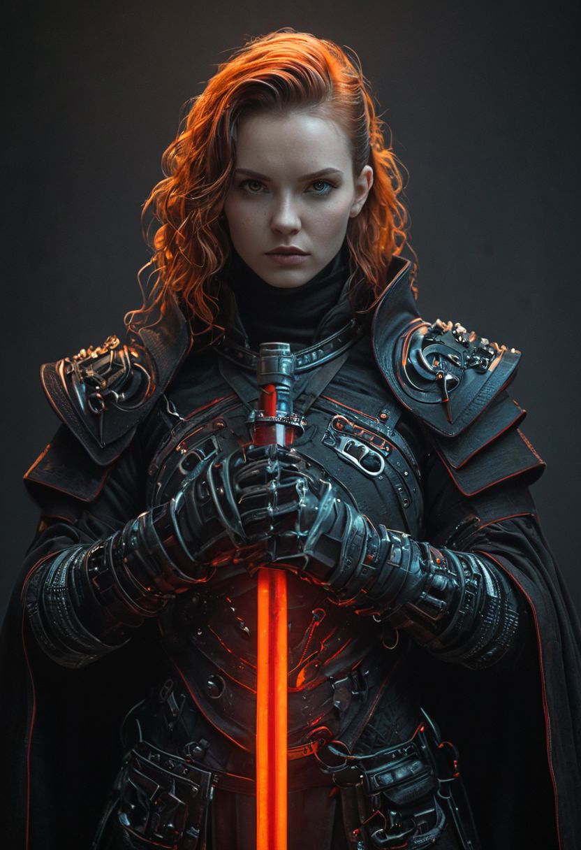 bdsm, collar cyberpunk Samurai jacket, (female, red pink slim skin:1.4), Large linen cape, (nice face, very angry:1.9), (bdsm harness, tight huge massive firm breasts:1.75), surrounded by a detailed spacescape with translucent dark-amber Highlights, (red neon, emissive), (yellow particules, hyper-detailed,:1.4) sharp, high resolution, high quality, 32K, Ultra realistic, HD, super detailed, line art, abstract style, (full body, shinny, wavy hair:1.5), (star wars inquisitor:1.65), (circle hard powerful red white orange fire neon light saber:1.8), (well formed five fingers hands on light saber:1.7), (cyan emissive iris eyes:1.6)