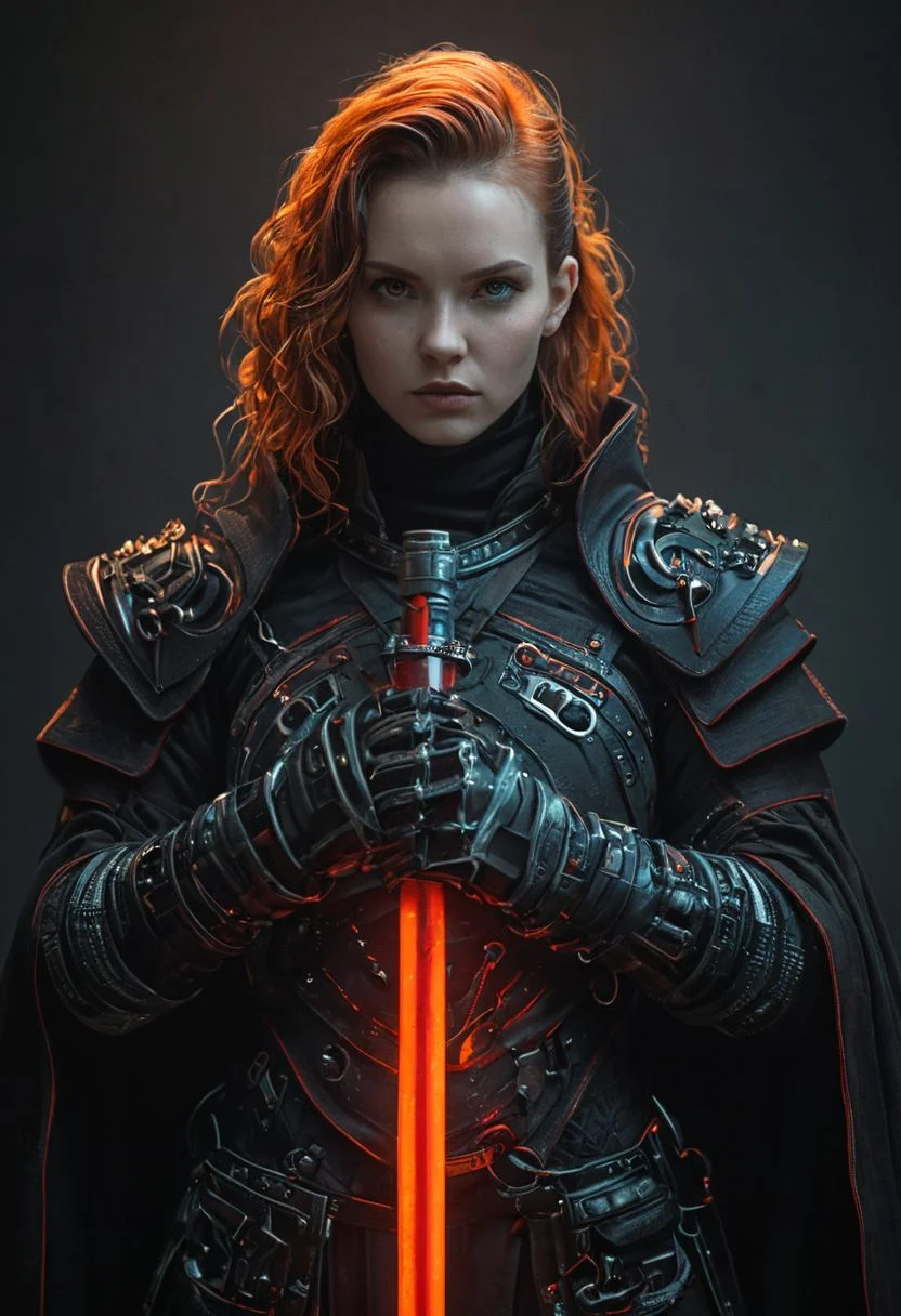 bdsm, collar cyberpunk Samurai jacket, (female, red pink slim skin:1.4), Large linen cape, (nice face, very angry:1.9), (bdsm harness, tight huge massive firm breasts:1.75), surrounded by a detailed spacescape with translucent dark-amber Highlights, (red neon, emissive), (yellow particules, hyper-detailed,:1.4) sharp, high resolution, high quality, 32K, Ultra realistic, HD, super detailed, line art, abstract style, (full body, shinny, wavy hair:1.5), (star wars inquisitor:1.65), (circle hard powerful red white orange fire neon light saber:1.8), (well formed five fingers hands on light saber:1.7), (cyan emissive iris eyes:1.6)