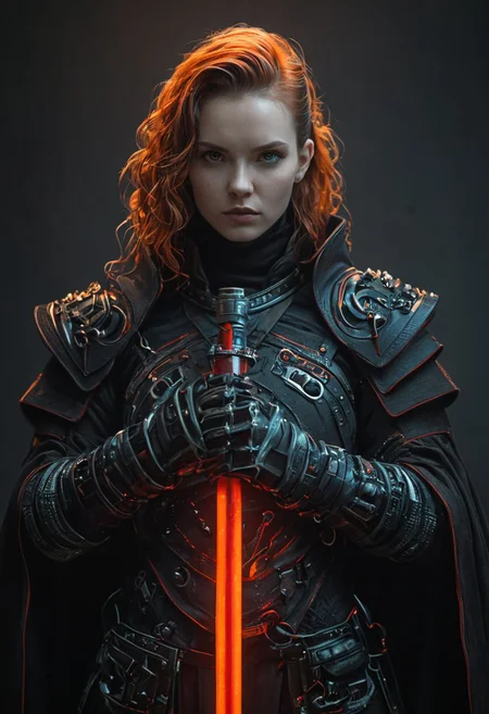 bdsm, collar cyberpunk Samurai jacket, (female, red pink slim skin:1.4), Large linen cape, (nice face, very angry:1.9), (bdsm harness, tight huge massive firm breasts:1.75), surrounded by a detailed spacescape with translucent dark-amber Highlights, (red neon, emissive), (yellow particules, hyper-detailed,:1.4) sharp, high resolution, high quality, 32K, Ultra realistic, HD, super detailed, line art, abstract style, (full body, shinny, wavy hair:1.5), (star wars inquisitor:1.65), (circle hard powerful red white orange fire neon light saber:1.8), (well formed five fingers hands on light saber:1.7), (cyan emissive iris eyes:1.6)