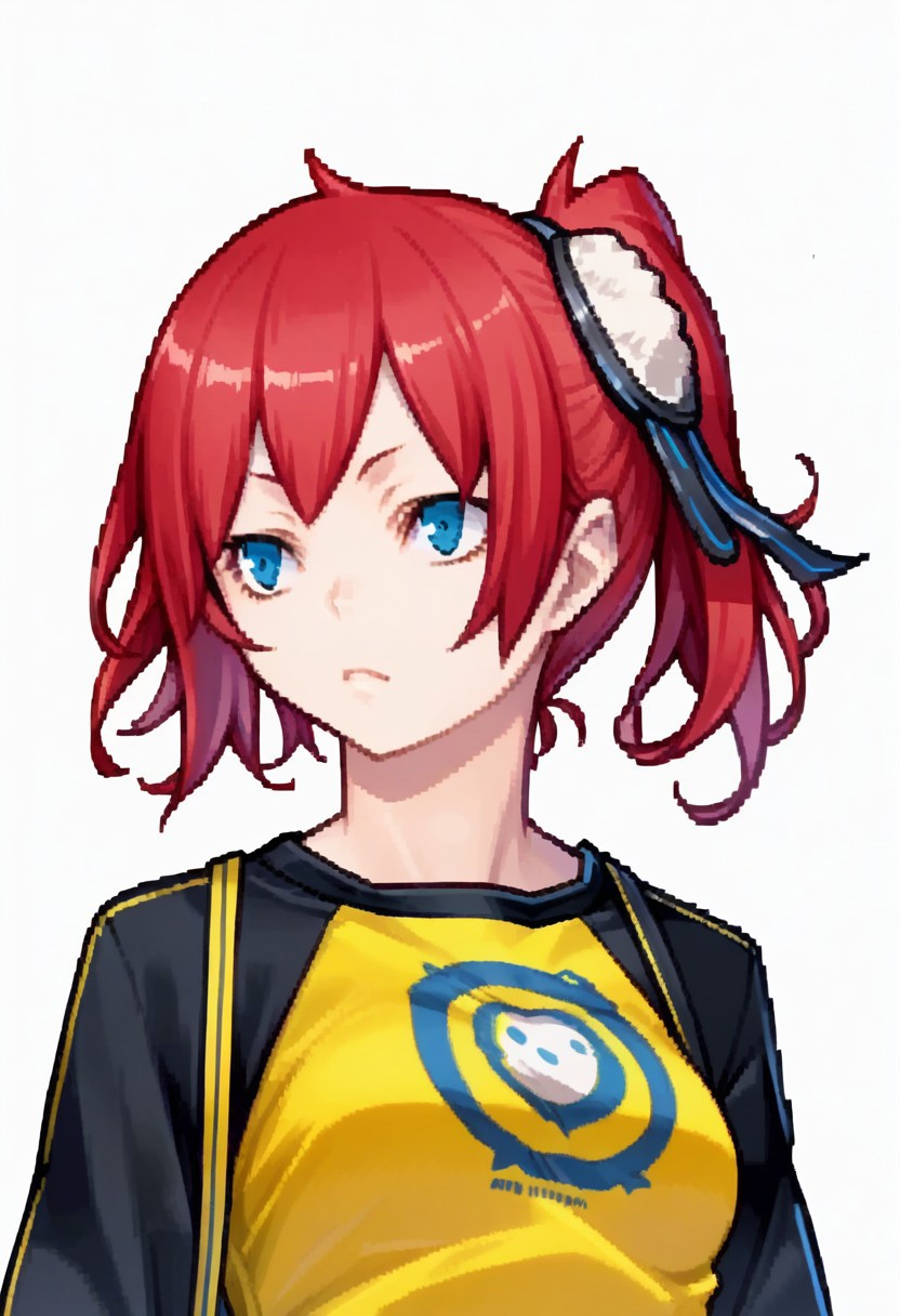 score_8, score_8_up, score_7_up, source_anime, anime screenshot,  1girl, female focus, solo, dsc-ami, yellow shirt, black sleeves, print shirt, devilsurvivorportraits, portraits, white background