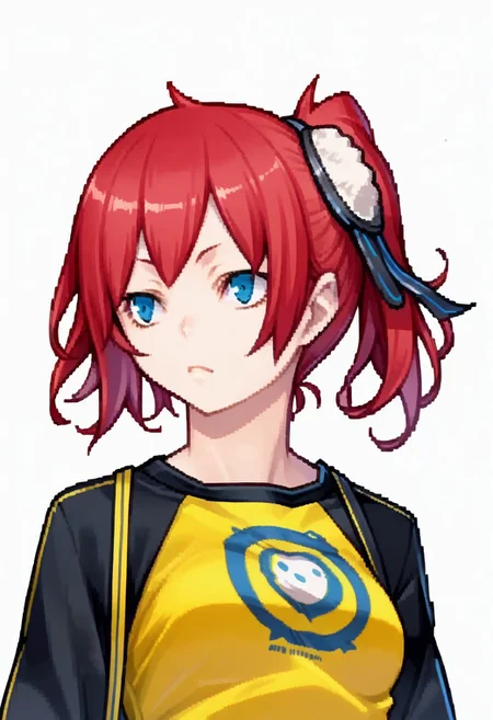 score_8, score_8_up, score_7_up, source_anime, anime screenshot, 1girl, female focus, solo, dsc-ami, yellow shirt, black sleeves, print shirt, devilsurvivorportraits, portraits, white background