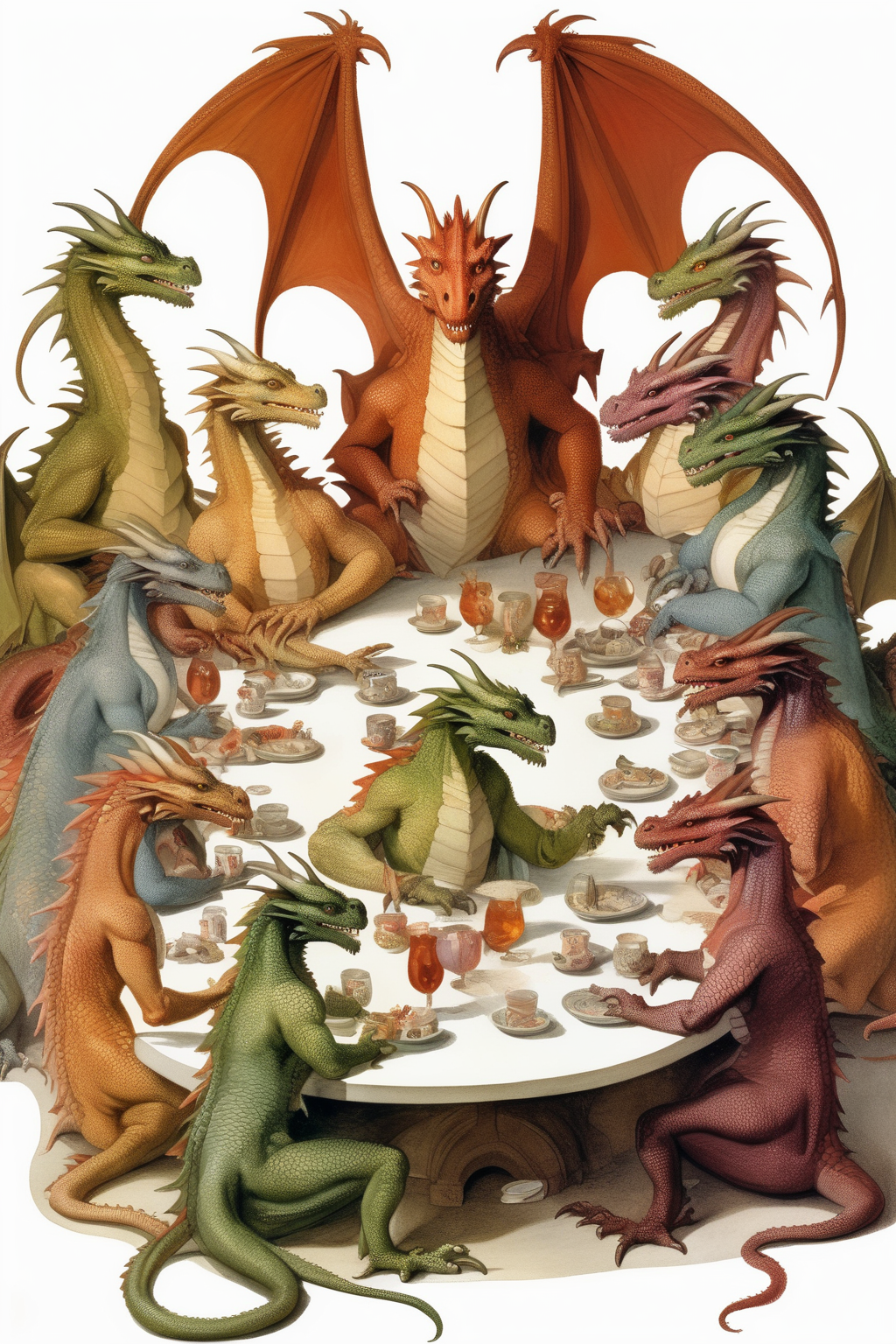 <lora:Richard Dadd Style:1>by Richard Dadd Style - A group of dragons gathered around a table, engaged in a lively discussion. white background