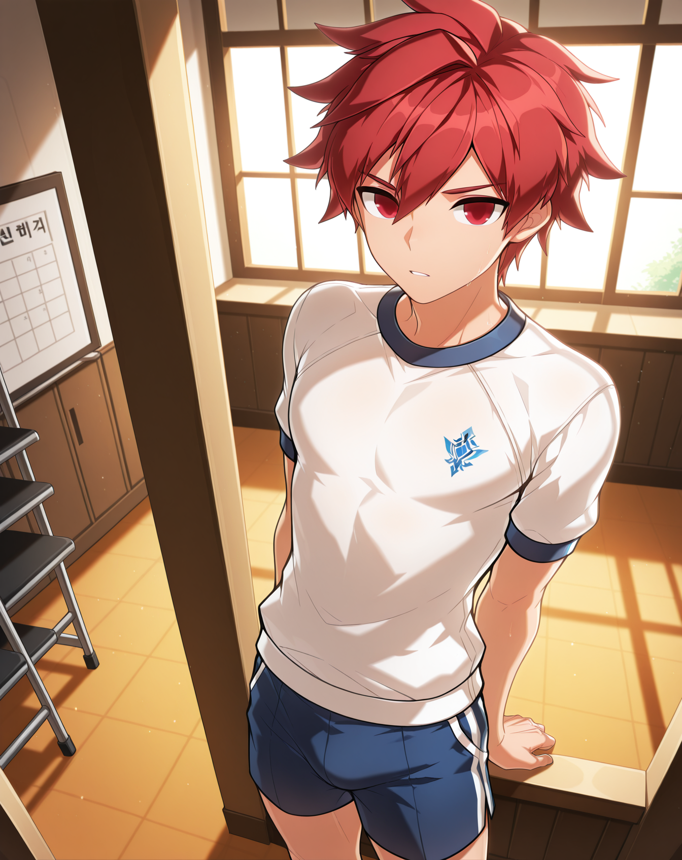 masterpiece,best quality,amazing quality, newest, very aesthetic, absurdres,
1boy, solo, yaoi, male focus, looking at viewer, cowboy shot, standing,
<lora:Elsword_Knight_Emperor_ilxl:1> elswordke, red hair, red eyes,
gym uniform, gym shorts, gym shirt,
indoors, gym,