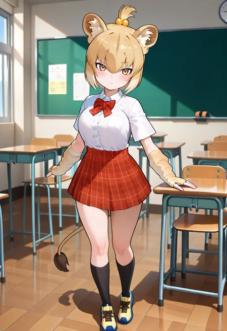 1girl, solo, <lora:masai_lion_kf_ilxl_v1:1>, masai lion \(kemono friends\), lion girl, lion ears, animal ears, animal ear fluff, lion tail, tail, multicolored hair, blonde hair, light brown hair, two-tone hair, short hair, sidelocks, topknot, hair between eyes, hair bobbles, hair ornament, brown eyes, yellow eyes, medium breasts, shirt, collared shirt, white shirt, pocket, shirt tucked in, arm warmers, animal print, gloves, fingerless gloves, elbow gloves, yellow gloves, bow, bowtie, plaid bow, plaid bowtie, skirt, red skirt, plaid skirt, miniskirt, school uniform, socks, black socks, kneehighs, shoes, sneakers, yellow footwear, tachi-e, full body, standing, blush, (light smile:0.5), looking at viewer, classroom, indoors, masterpiece, best quality, very aesthetic, absurdres