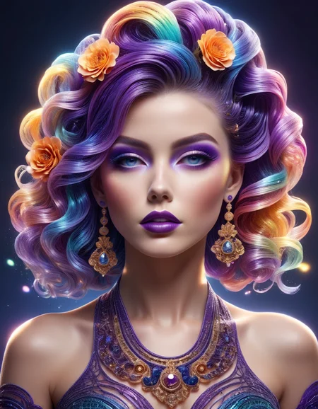 a close-up of a beautiful woman with intricate and vibrant makeup. Emphasize the details of her eyeshadow, eyeliner, and lipstick, incorporating a mix of bold colors like deep purples, blues, and golds. Envision an elaborate hairstyle with curls or braids adorned with flowers or accessories, creating a visually captivating overall look. Ensure the lighting highlights the intricate details of the makeup and hairstyle, showcasing the subject's beauty in a mesmerizing and artistic manner, made of ral-czmcrnbw <lora:ral-czmcrnbw-sdxl:1>