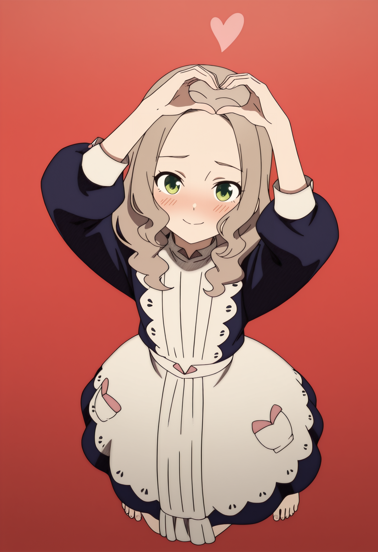 very awa, masterpiece, best quality, year 2024, newest, highres, absurdres,
red background, gradient background, very aesthetic, detailed background, full body,
1girl, solo,
<lora:Mia-000008:1>  shadowmia,forehead,  medium hair, wavy hair, drill hair, brown hair, sidelocks, green eyes, dark blue dress, white apron, long sleeves, puffy sleeves, detailed face, smile, looking at viewer, arms up,
<lora:anatomy_helper:1>, jumping,  barefoot, from above,  <lora:lora-add:0.5> toes, nailtoes, heart hands, heart \(symbol\),  smile, (blush:2),