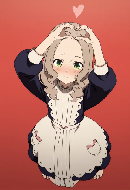 very awa, masterpiece, best quality, year 2024, newest, highres, absurdres,
red background, gradient background, very aesthetic, detailed background, full body,
1girl, solo,
<lora:Mia-000008:1> shadowmia,forehead, medium hair, wavy hair, drill hair, brown hair, sidelocks, green eyes, dark blue dress, white apron, long sleeves, puffy sleeves, detailed face, smile, looking at viewer, arms up,
<lora:anatomy_helper:1>, jumping, barefoot, from above, <lora:lora-add:0.5> toes, nailtoes, heart hands, heart \(symbol\), smile, (blush:2),