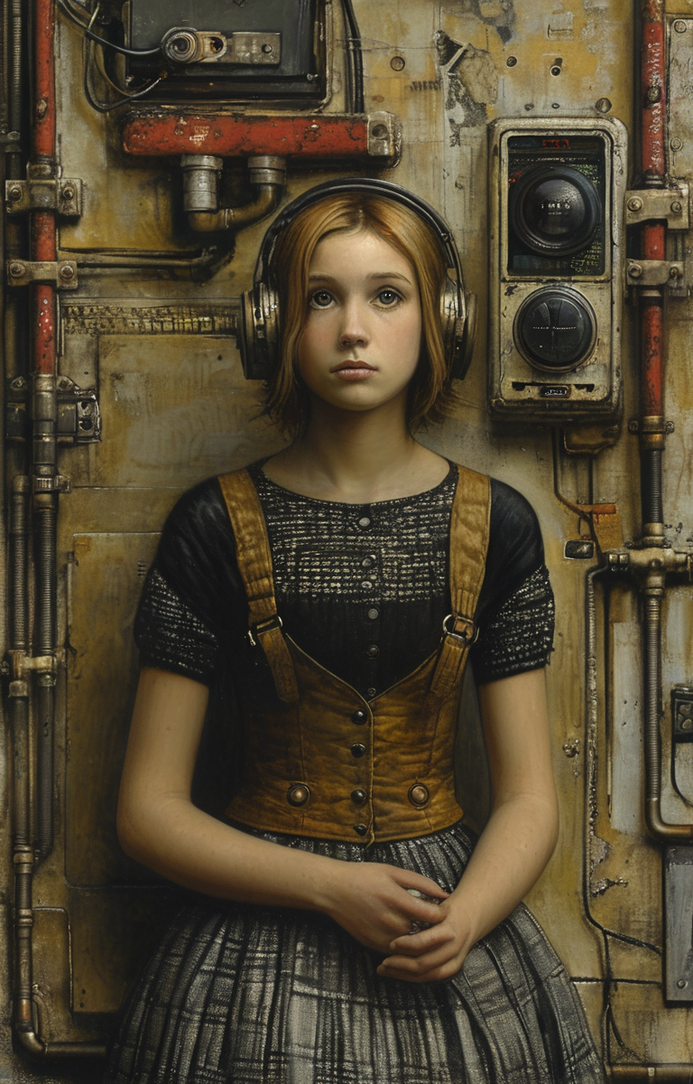 masterpiece,best quality,<lora:tbh163-sdxl:0.9>,illustration,style of Mike Worrall, tech genius teenage girl
