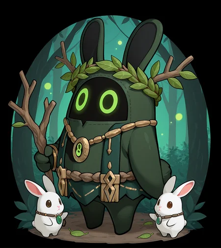masterpiece, best quality, solo, bangboo, standing, full body, circular eyes, holding stick with branches and leaves, druid outfit, necklace, wreath, birds, rabbits, dark green swampy forest background, fireflies, <lora:bangboo-v2-illustrious:0.9>