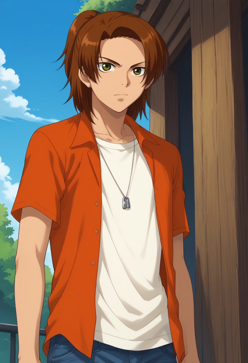 score_9, score_8_up, score_7_up, source_anime, highly detailed, 
masaru, 1boy, male focus, solo, brown hair, ponytail, green eyes, t-shirt, white t-shirt, orange shirt, open shirt, open clothes, short sleeves, pants, jeans, denim, jewelry, dog tags, upper body,
outdoot, sky, cloud, tree