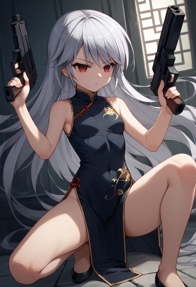score_9, score_7_up, kzk, silver hair, long hair, red eyes, small breasts,  black china dress, on one knee, holding gun,        <lora:Kazuki fin 3-000009:1>