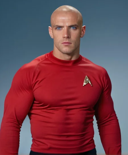 1boy, 20 year old male, Handsome, masculine, blonde, star trek, red shirt, muscle, tall, tight shirt, wide pectorals, big shoulders, wide shoulders, muscular neck, German, standing at attention, bald, big pale blue eyes, abs, biceps, serious facial expression, phaser, hand,
stunf, star trek uniform,
