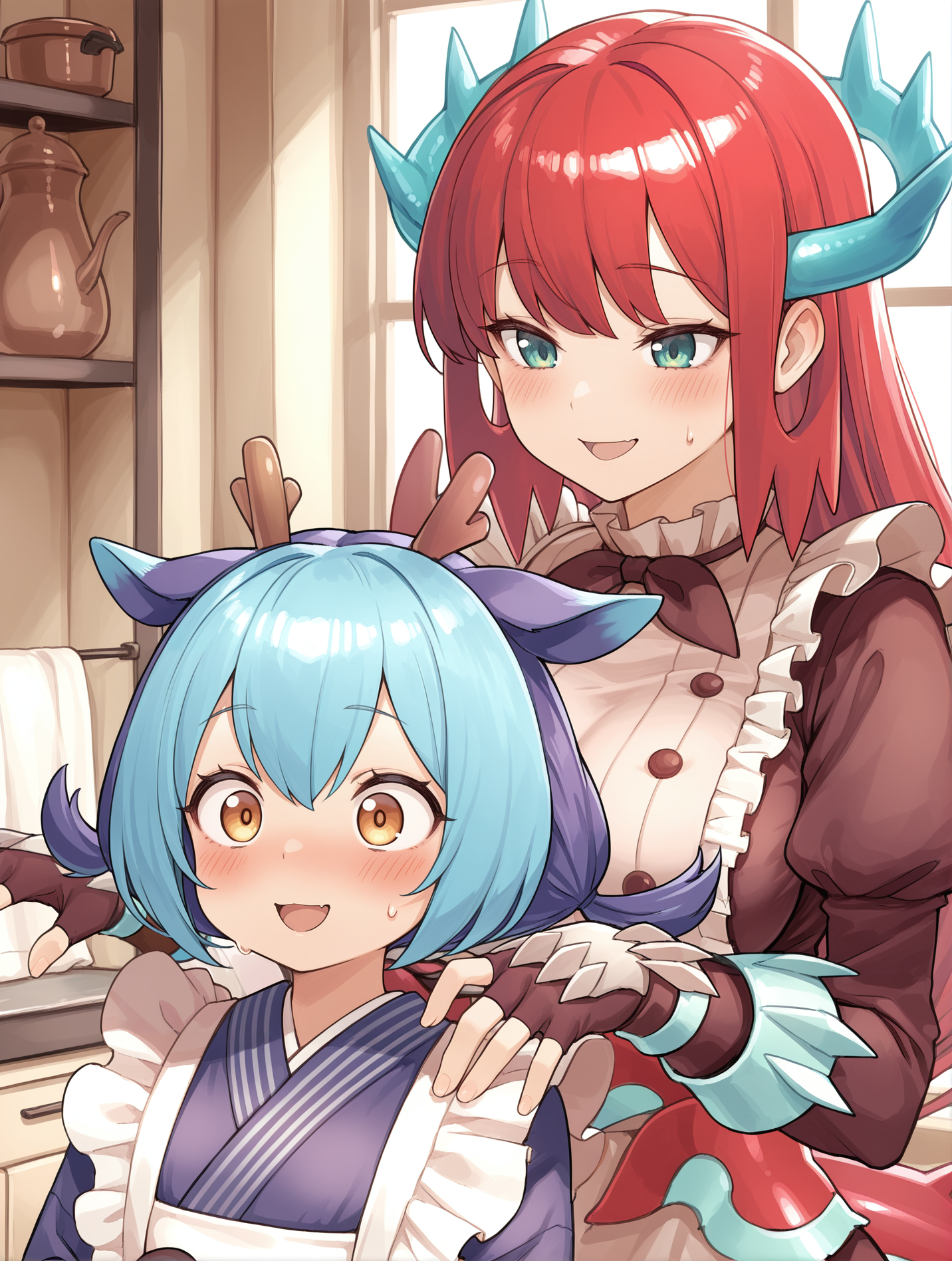 2girls, kitchen dragonmaid, sketch, large breasts, blush, sweatdrop, brown maid clothes, indoors, windows, open mouth, upper body, smile, laundry dragonmaid, blue knee boots, blue fingerless gloves, blue maid outfit,
masterpiece,best quality,amazing quality,very aesthetic,absurdres,newest,<lora:kitchen dragonmaid illuXL v1.1:0.72>,