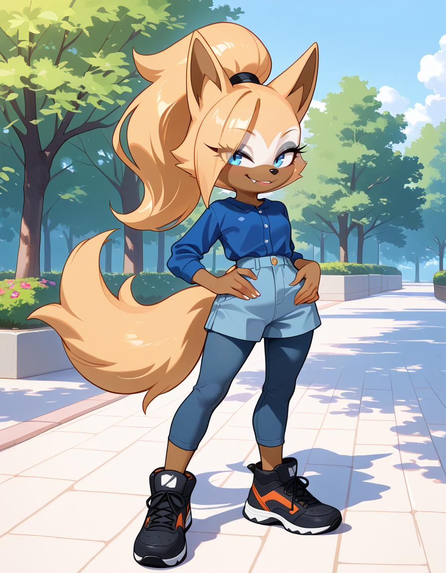 masterpiece, best quality, very aesthetic, absurdres,
outdoors, casual, 
full body, standing, posing, 
 seductive smile, parted lips, long eyelashes,
 <lora:Whisper_the_Wolf_v01_NAIXL:1>,
Wh15p3r,1girl,solo,furry,furry female,wolf girl,long hair,blonde hair,wolf ears,ponytail,blue eyes,makeup,anout,animal nose,fangs,body fur,two-tone fur,orange fur,brown fur,wolf tail,