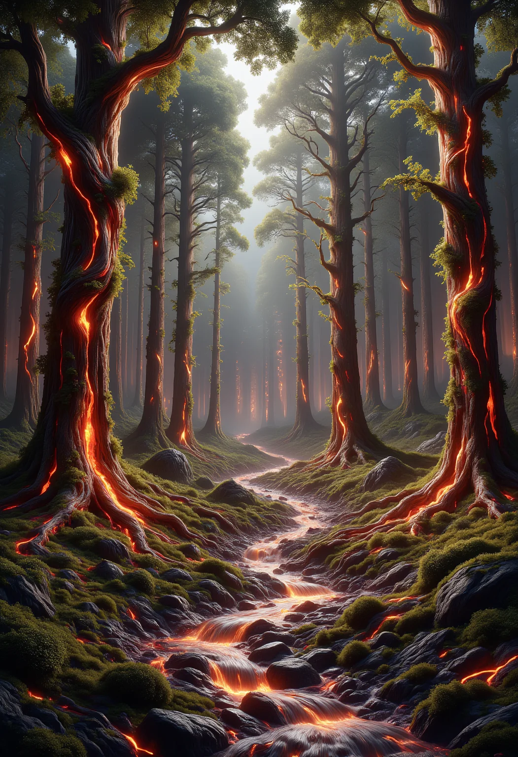 The Lava-Colored Forest
In a surreal and otherworldly setting, a dense forest is sculpted entirely from molten rock. The trees appear alive, their twisted, glowing trunks coursing with veins of fiery lava. The ground crackles and shifts, illuminated by the warm orange-red light. Overhead, the sky is veiled in ash and smoke, creating a haunting ambiance. Between the trees, overgrown vines shimmer with crystal-like dew that refracts the fiery glow. A small, serene brook of shimmering liquid water winds its way through the chaos, its silvery-blue surface untouched by the heat. The air is thick with the sound of crackling embers and the distant roar of lava falls. ral-lva, ral-ovrgrwth, ral-watce, aidmaMJ6.1