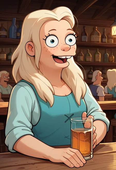 score_9, score_8_up, score_7_up, score_6_up, score_5_up, score_4_up, rating_questionable, Tiabeanie, in a tavern, happy, liquor bottle, cartoon, freckles, fFaceDetail, OverallDetail, solo,