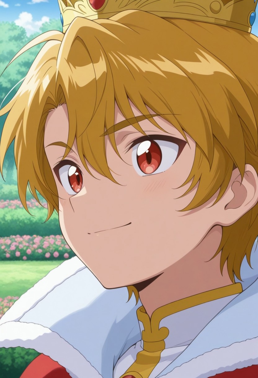 masterpiece,best quality,amazing quality, source_anime, 
Buraito, 1boy, male focus, solo, red eyes, blonde hair, crown, jacket, white jacket, cape, red cape, smile, portrait,
outdoor, garden,
