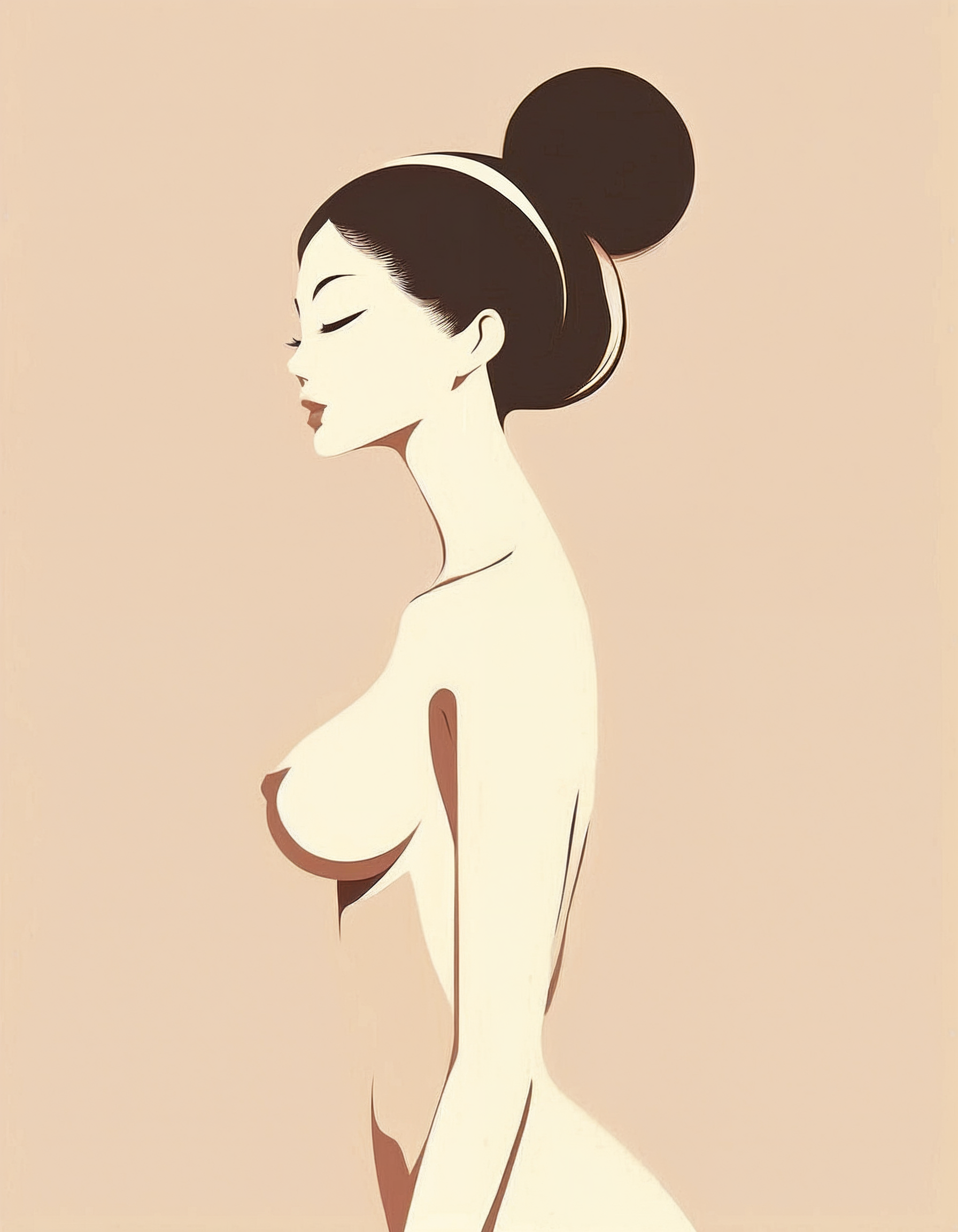 minimalistic, flat color, no lineart, 1girl, side view, silhouette, nude, naked, large breasts, huge hard nipples, hair bun, simple  background