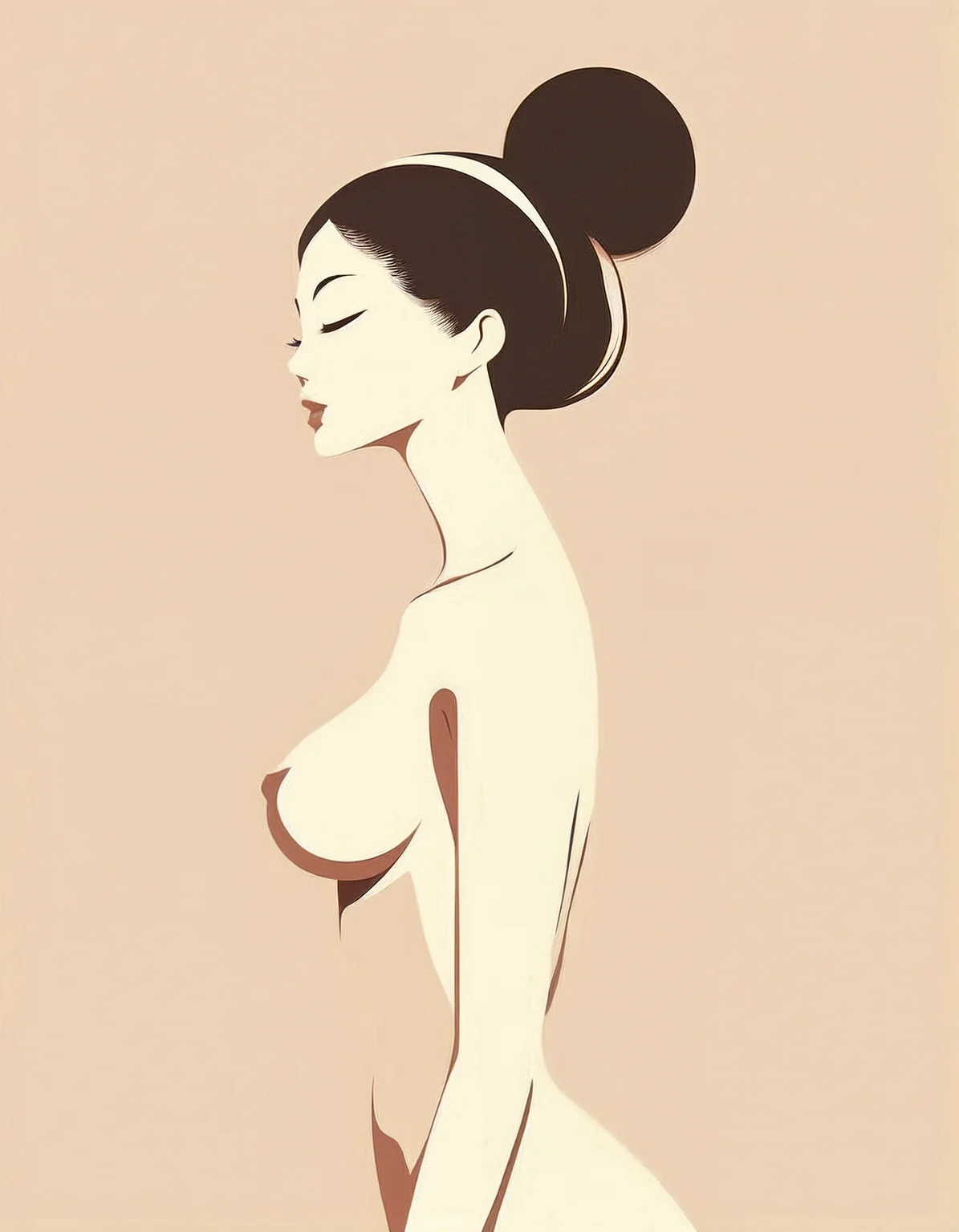 minimalistic, flat color, no lineart, 1girl, side view, silhouette, nude, naked, large breasts, huge hard nipples, hair bun, simple background