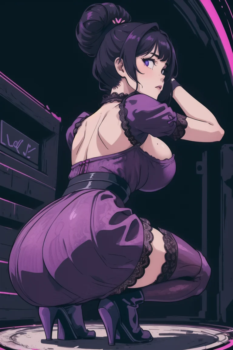 girl, (hotify:1.2), (werewolf:1.4), (Neon,Abstract:1.4),Thicc,Massive Breasts,(Squatting, ass focus),Medium Hair,Bun Hair,(violet Belted Top,vermilion Lace skirt:1.3),hololive,Spring Clothes ,(masterpiece,detailed,highres:1.4)